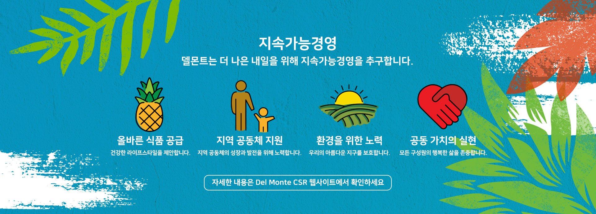 지속가능경영 델몬트는 더 나은 내일을 위해 지속가능경영을 추구합니다. 올바른 식품 공급 / 지역 공동체 지원 / 환경을 위한 노력 / 공동 가치의 실현